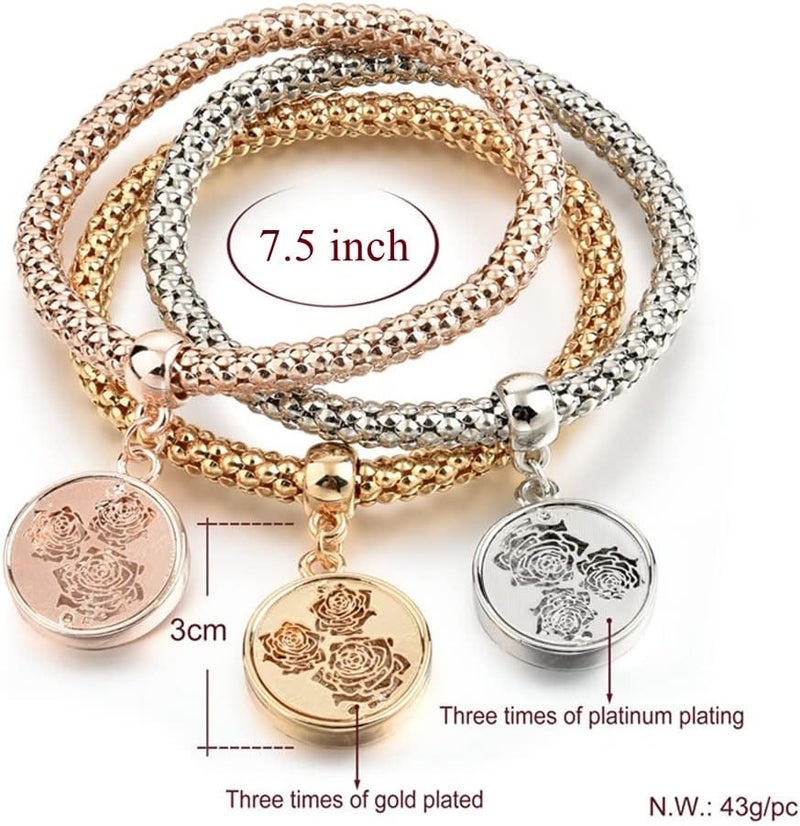 SILANER Crystal Charms Multilayer Bracelets - 3PCS Gold/Silver/Rose Gold Corn Chain Bracelet for Women, Tree of Life Heart Shaped Stretch Bracelet - Image 3